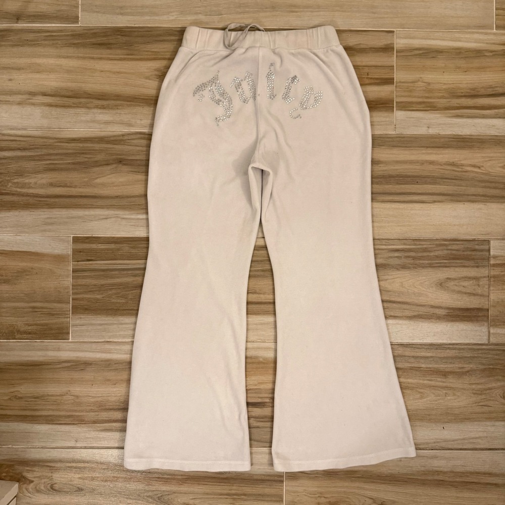 Juicy Couture x Forever 21 Velour Flare Track Pants Cream Rhinestone Logo Large